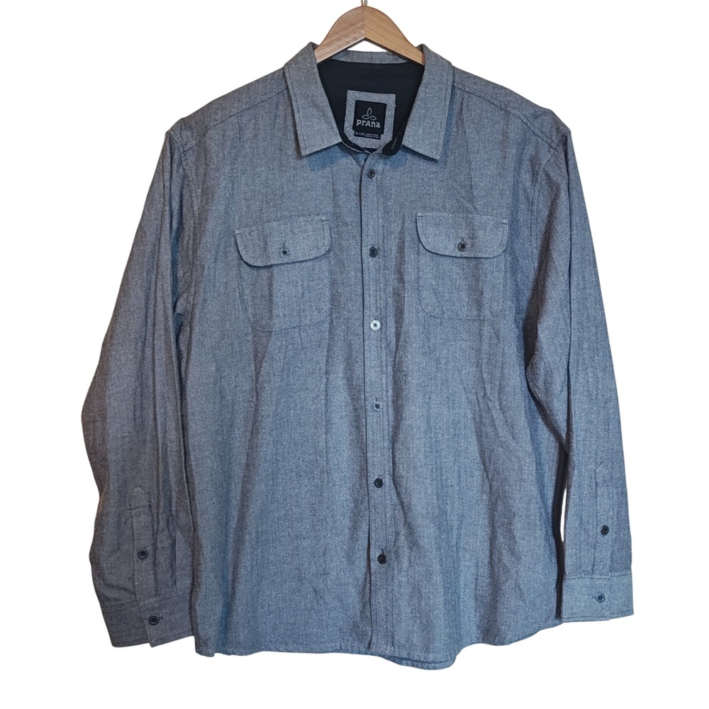 prAna Button Up Shirt Mens XXL Grey Organic Cotton Herringbone M23170384